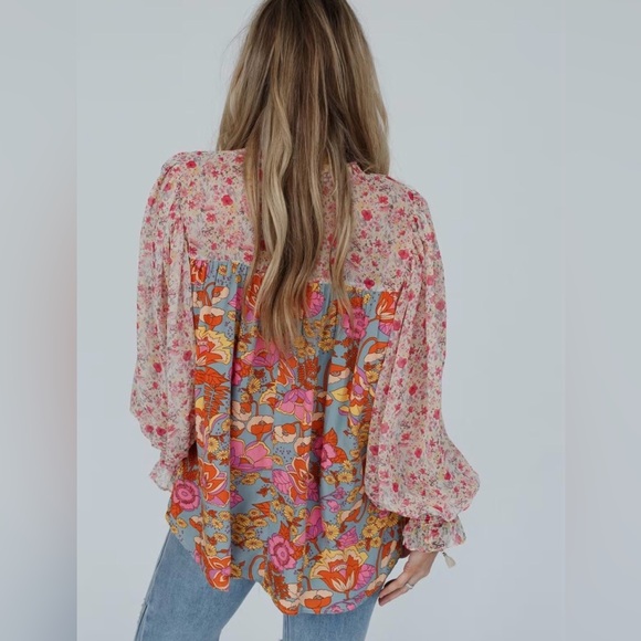 JODIFL Flower Frenzy Bubble Sleeve Top Multicolor Floral Bohemian Blouse Size M - Picture 3 of 8
